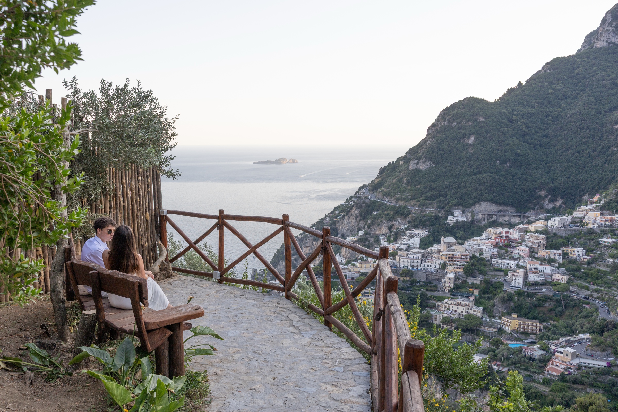 The villa's panoramic benches overlooking Positano and the sea