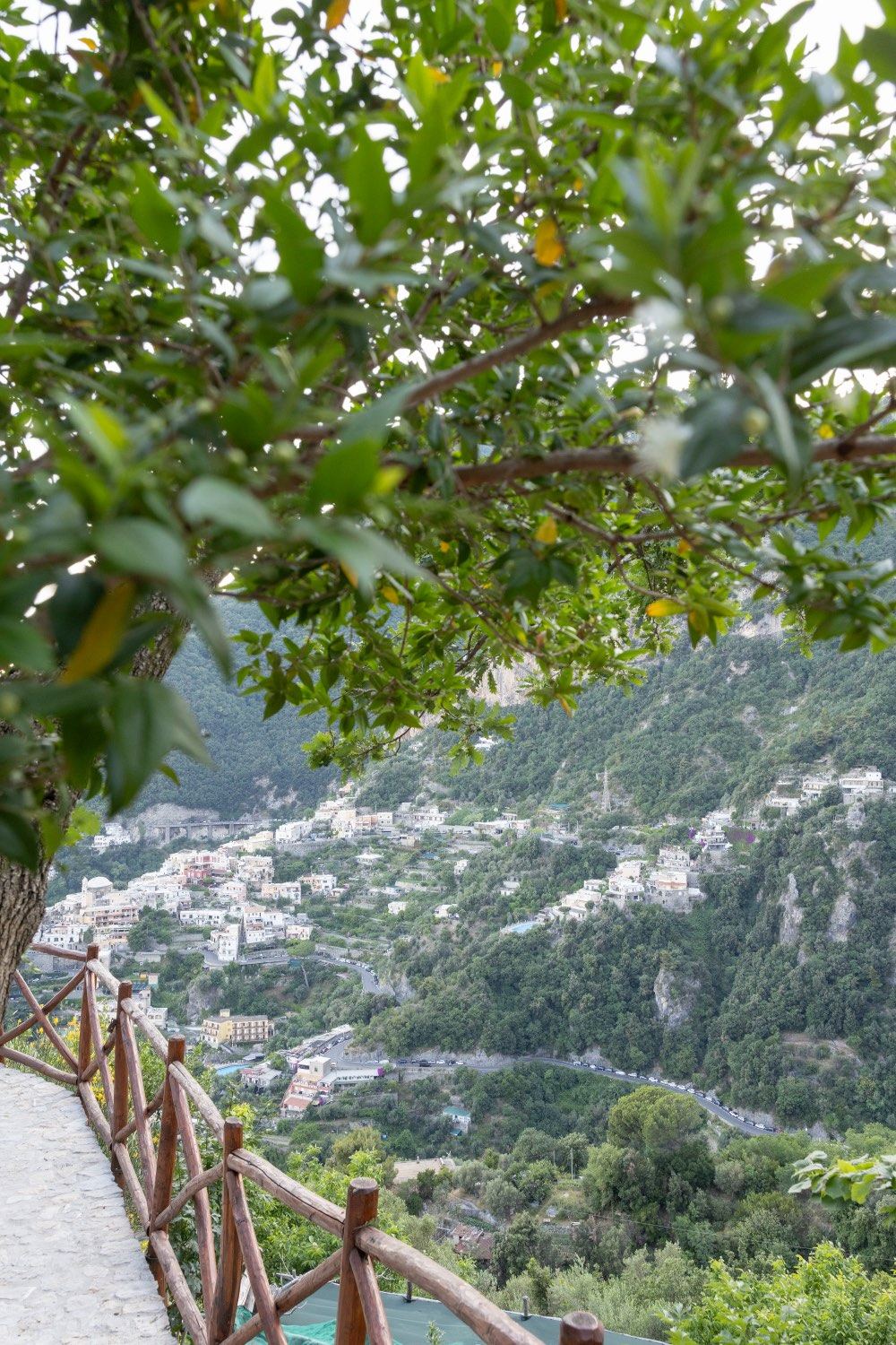 Positano vista dalla villa, tra gli alberi del giardino